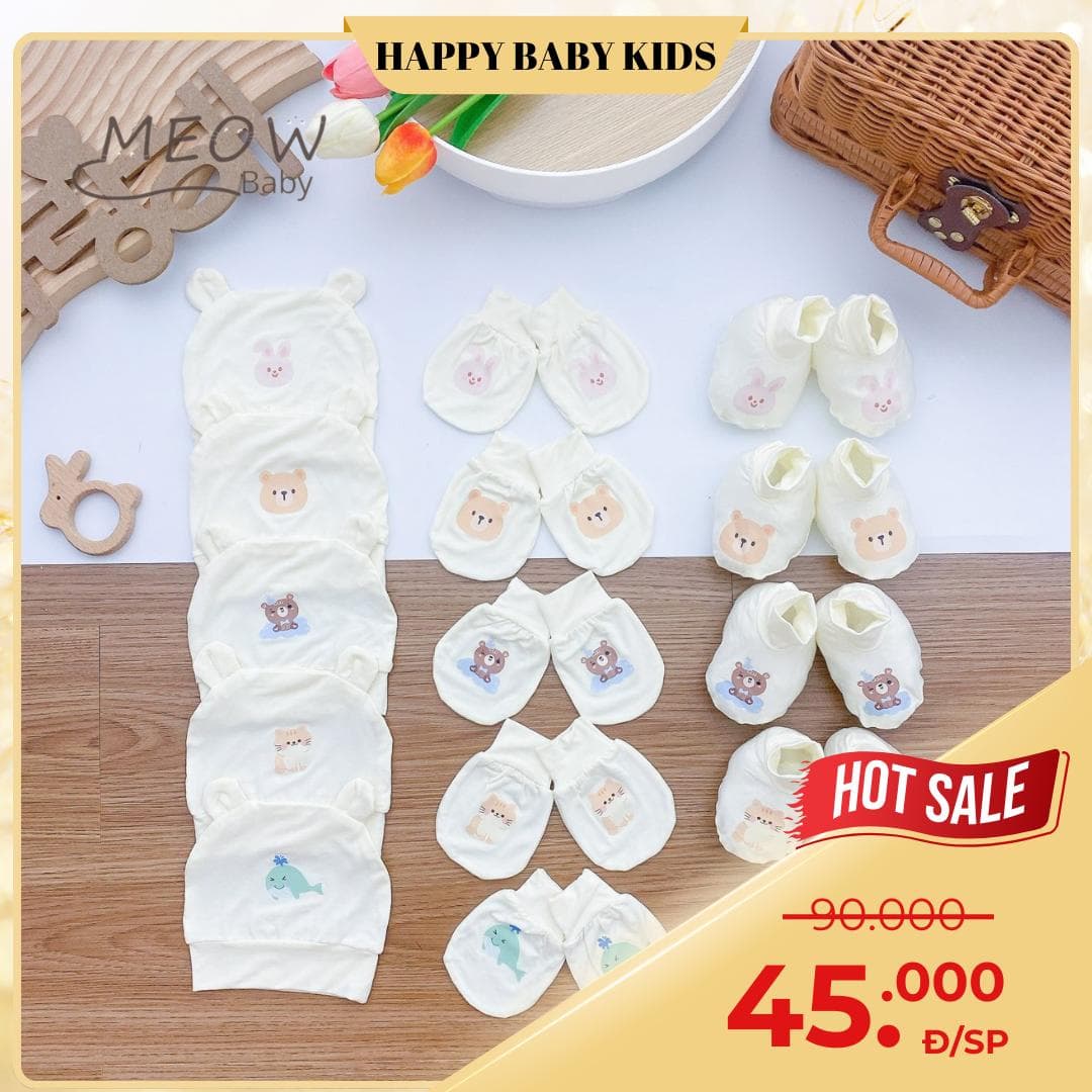 Sét Mũ, Bao Tay, chân vải Peptit Cao Cấp Siêu Mềm Mát cho bé 0-2 tháng Nền Kem HQ