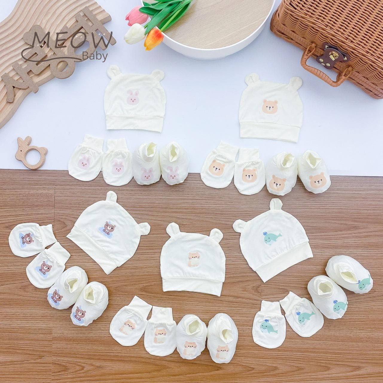 Sét Mũ, Bao Tay, chân vải Peptit Cao Cấp Siêu Mềm Mát cho bé 0-2 tháng Nền Kem HQ - ảnh 7