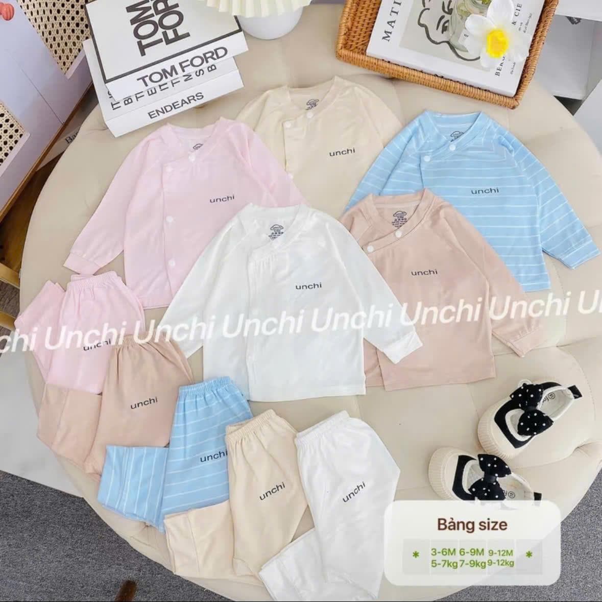 Bộ quần áo sơ sinh dài tay Unchi khuy bấm màu trơn chất liệu pettit mềm mịn mỏng mát cho bé sơ sinh