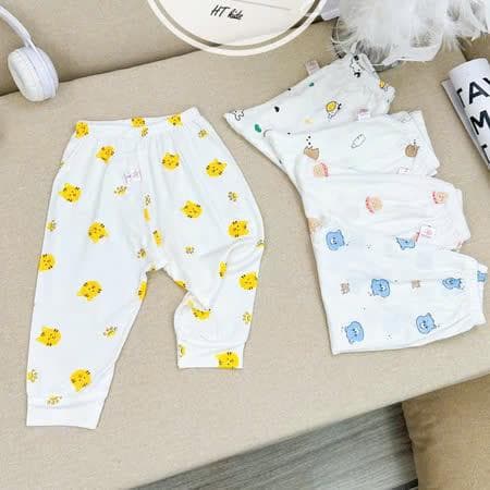 Combo 5 Quần Dài Sơ Sinh Thun Lạnh - Đáp Đũng Đóng Bỉm Thoải Mái, siêu mềm - Trắng Họa Tiết - ảnh 2