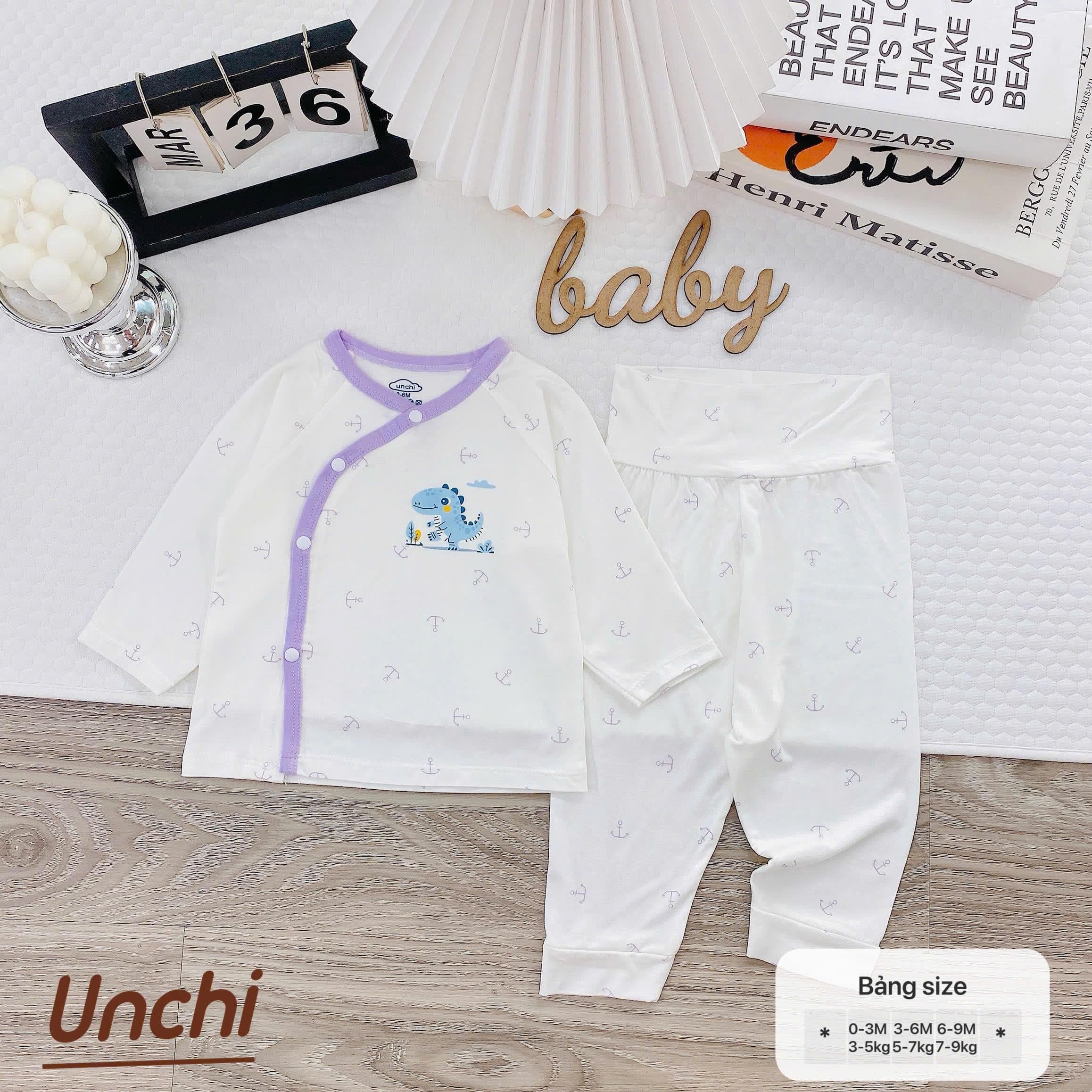 Bộ Quần Áo Dài Tay Pettit Unchi Cạp Cao mềm mịn màng co giãn cho bé sơ sinh 0-9 tháng - ảnh 5
