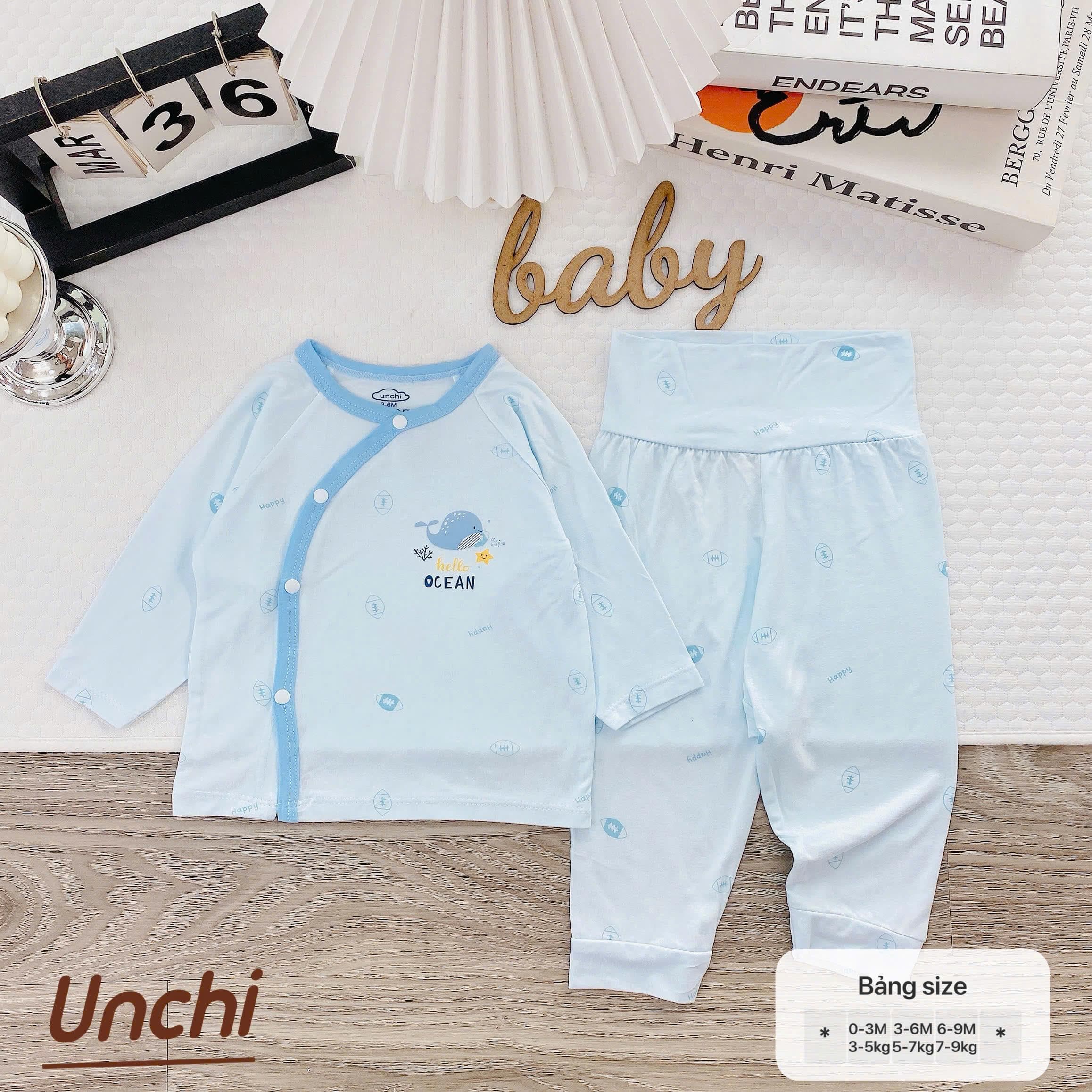 Bộ Quần Áo Dài Tay Pettit Unchi Cạp Cao mềm mịn màng co giãn cho bé sơ sinh 0-9 tháng - ảnh 6