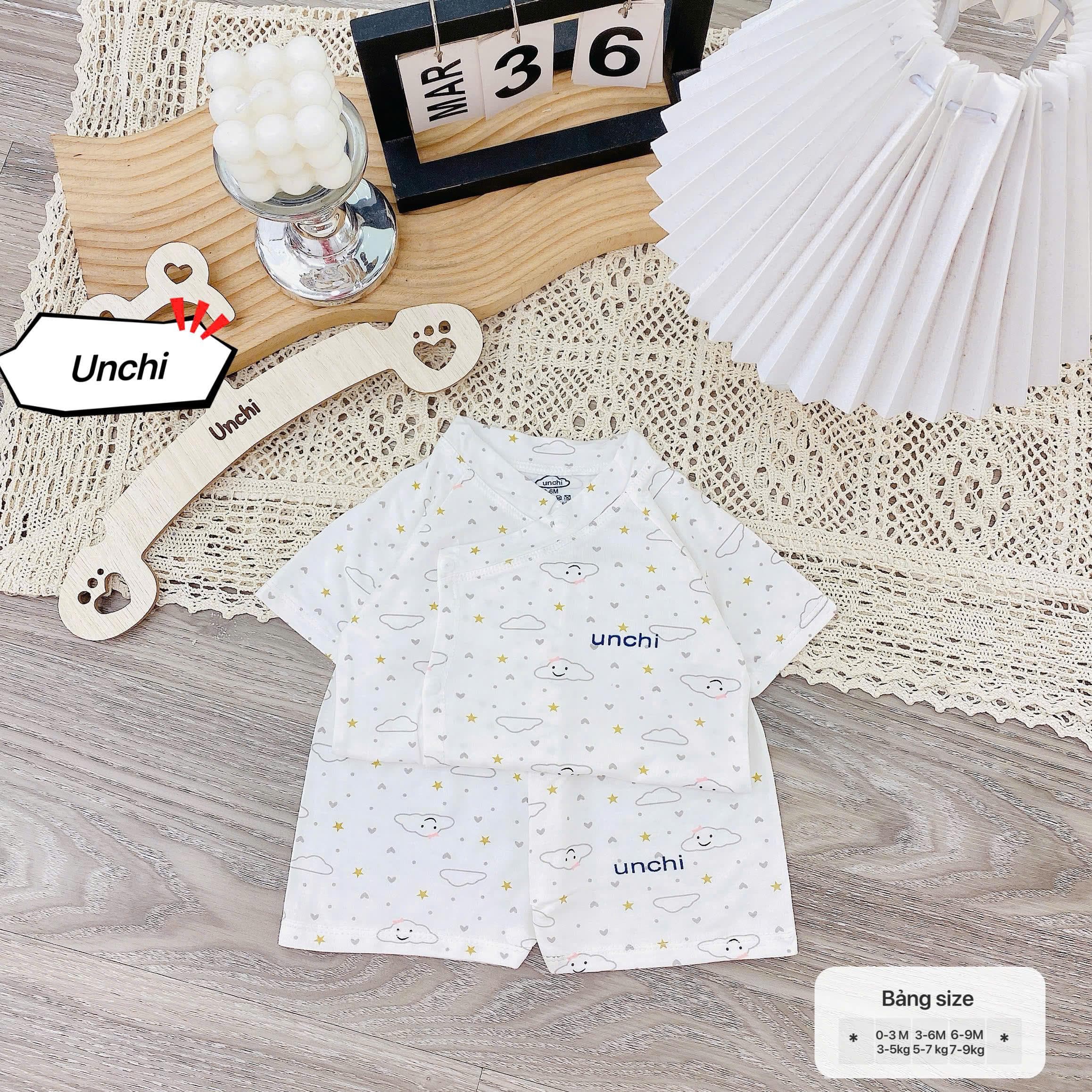 Bộ sơ sinh cộc tay Unchi vạt áo 2 lớp, vải petit mềm mát, họa tiết mây trắng cho bé - ảnh 5