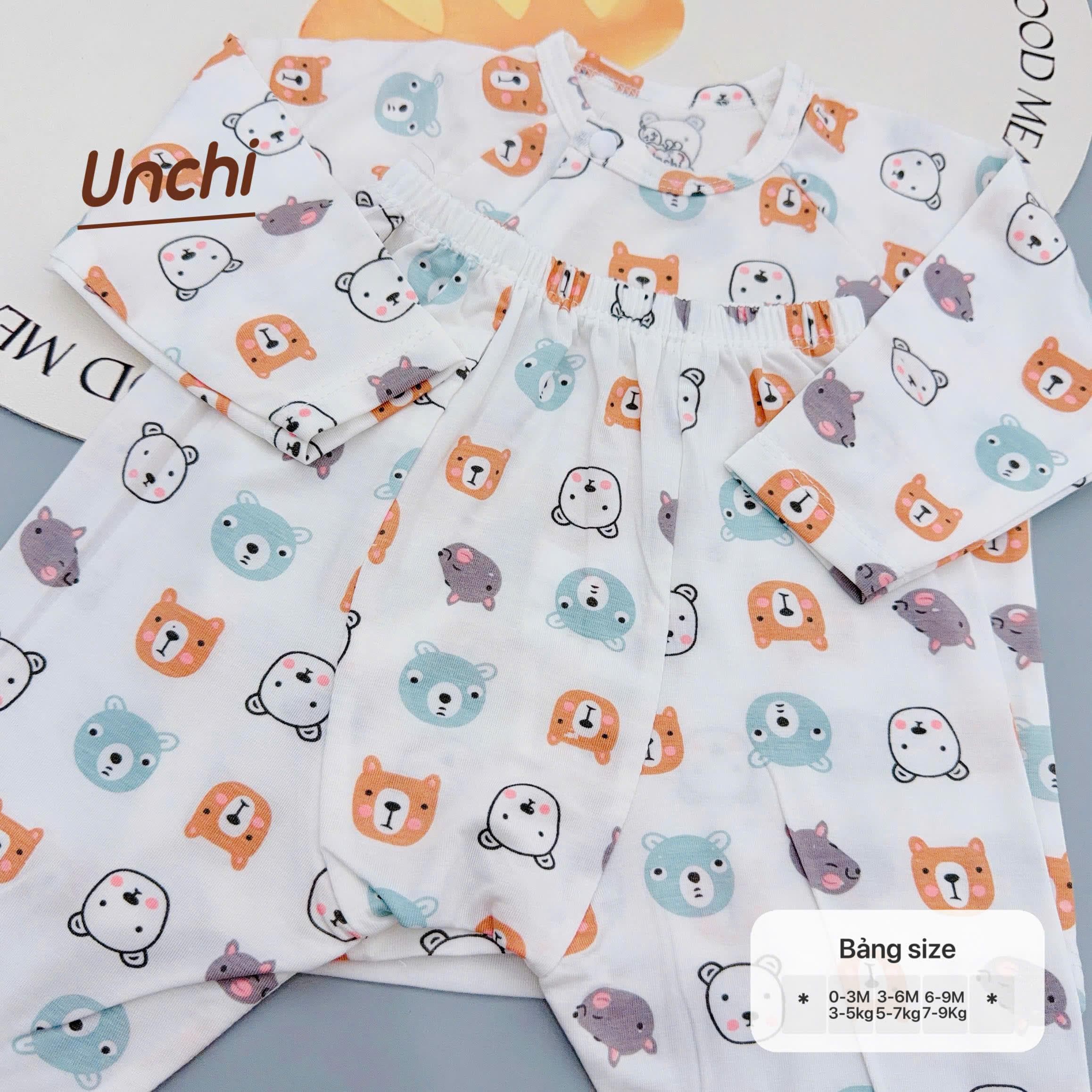 Bộ sơ sinh dài tay Unchi vạt 2 lớp họa tiết xinh vải petit mềm mát cho bé sơ sinh - ảnh 3