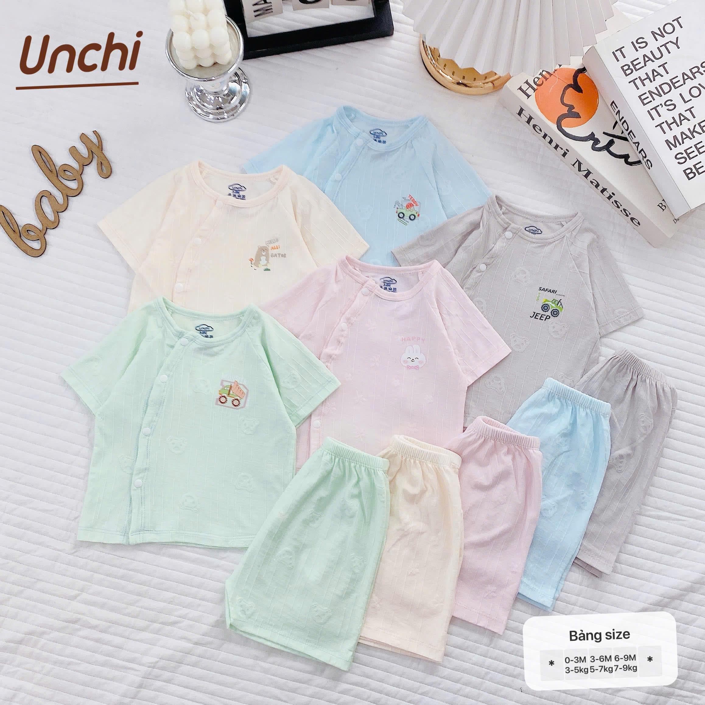 Bộ Cộc Tay Pettit Vân Nổi Thông Hơi Unchi mềm mại co giãn cho bé sơ sinh 0-9 tháng