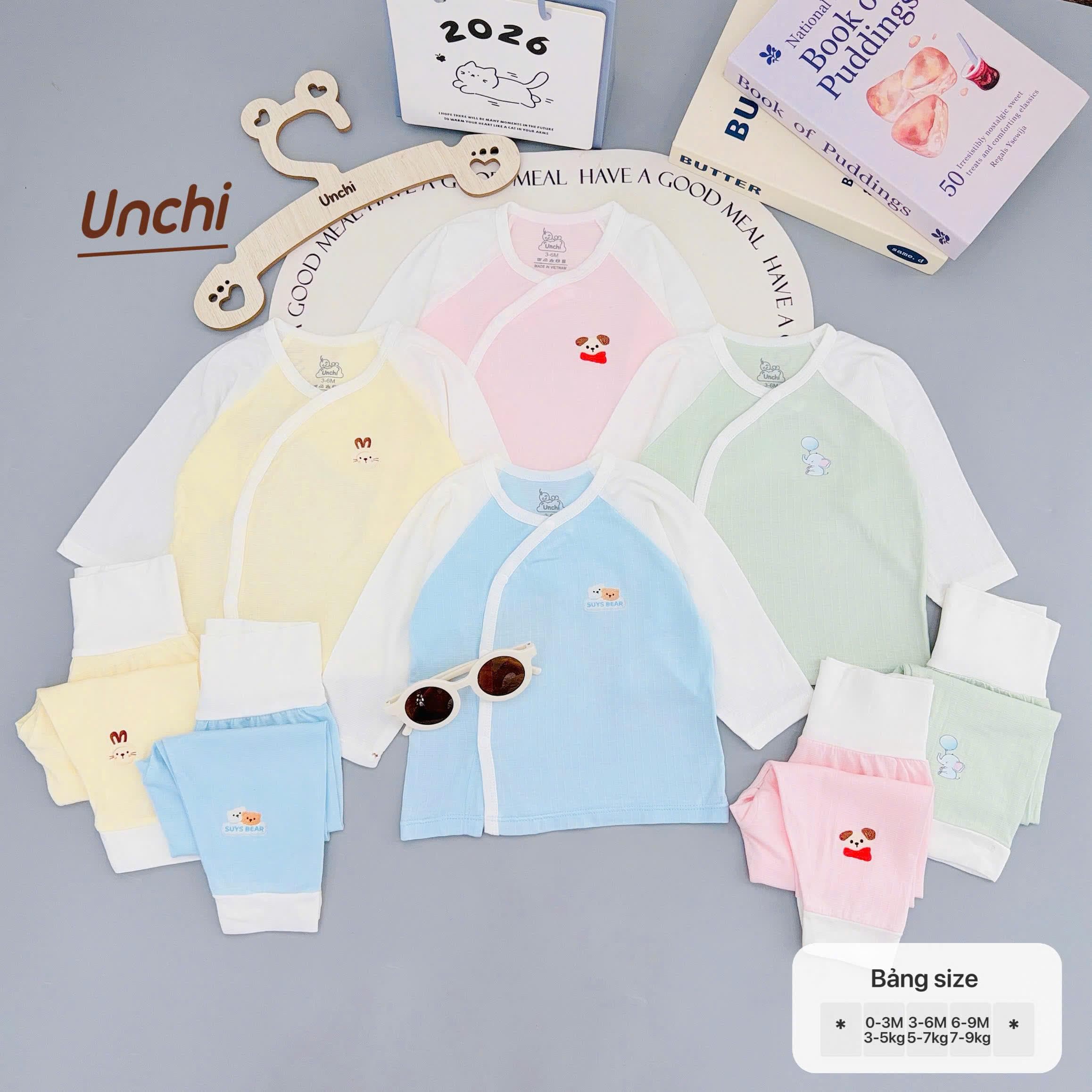 Bộ Sơ Sinh Dài Tay UNCHI Cạp Cao chất liệu Bambo sợi tre Vân Mềm thoáng mát